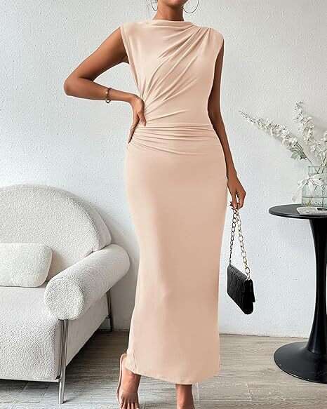 2026 European and American Foreign Trade Cross-Border Women's Clothing Spring Summer Hot-Selling Sleeveless Back Split Ruched Bodycon Dress