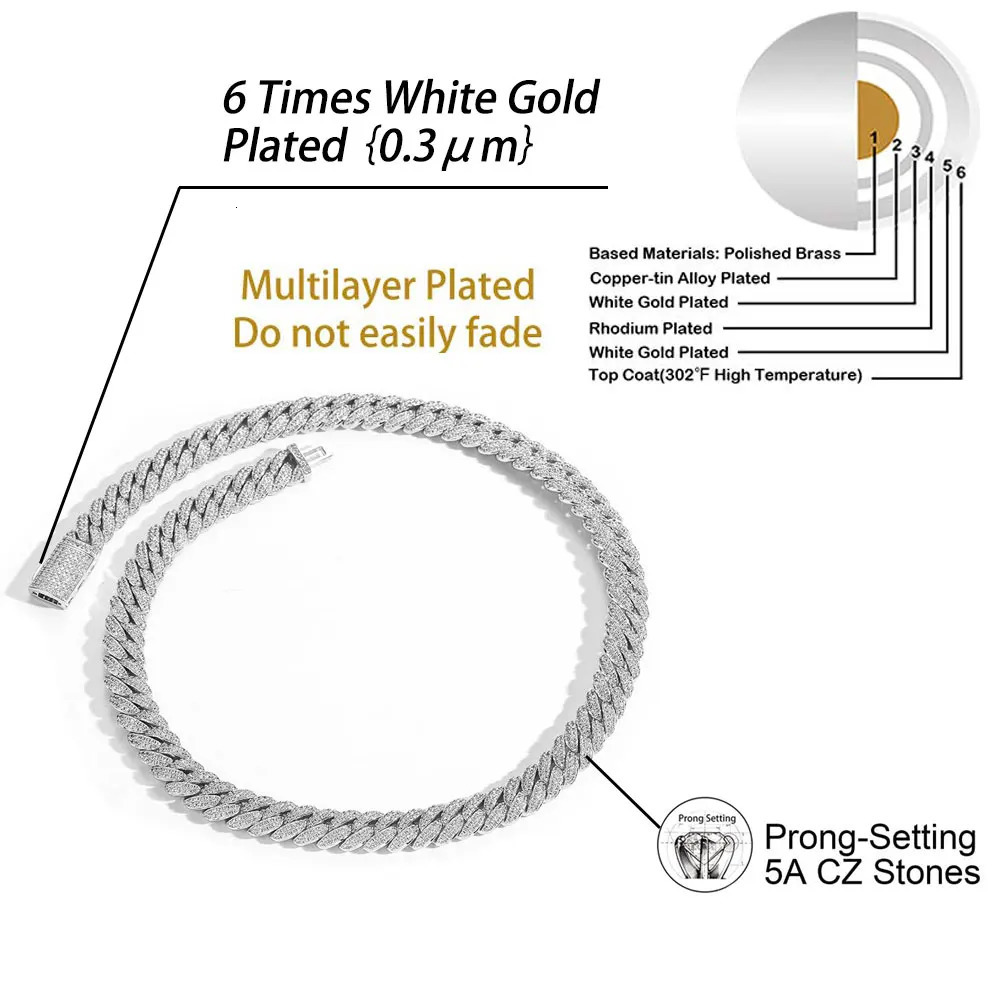 10mm Diamond Cuban Link Chain White Gold18K Gold Plated Bling 5A CZ Necklace Rapper Hip Hop Jewelry for Men and Women 260304