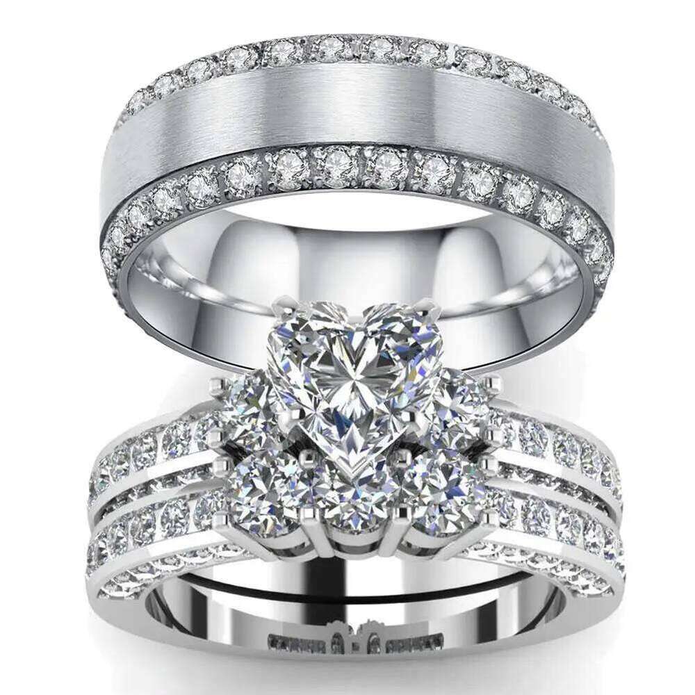 Fashion Couple Luxury Women Heart Rhinestone Zircon Rings Bridal Set Men Stainless Steel CZ Ring Wedding Band Jewelry Gift W260311