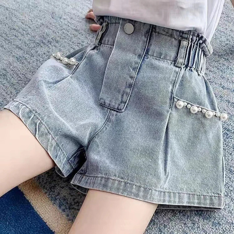 Summer Girls Denim Shorts Korean Fashion Childrens Pleated Jeans 412Years Teens Short Pearl Decoration 260311