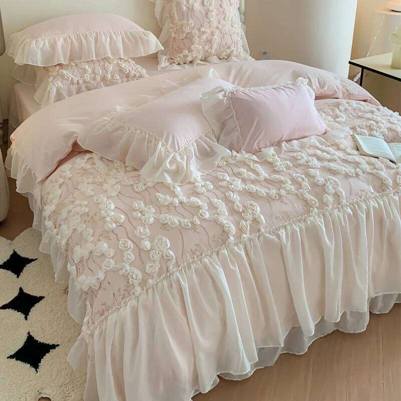 4Pcs Korean Princess Style Cotton 100% Bedding Set Three-Dimensional Chiffon Lace Duvet Cover 200x230 220x240 Four Seasons H260312