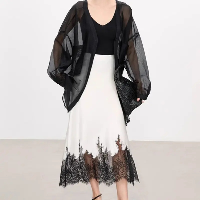 Elegant Lace-Trim Satin Midi Skirt Women Summer High Wasit Wrapped Hip Slim Long Skirts Fairy Fashion Office Women Clothing 260306