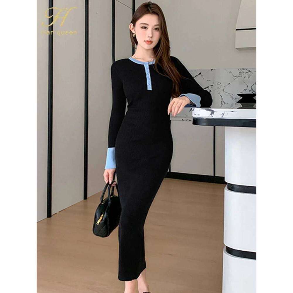H Han Queen Women's Winter knit Sweater Simple Splicing Bodycon Knitted Dresses Elasticity Casual Party Pencil Sheath Dress C260312