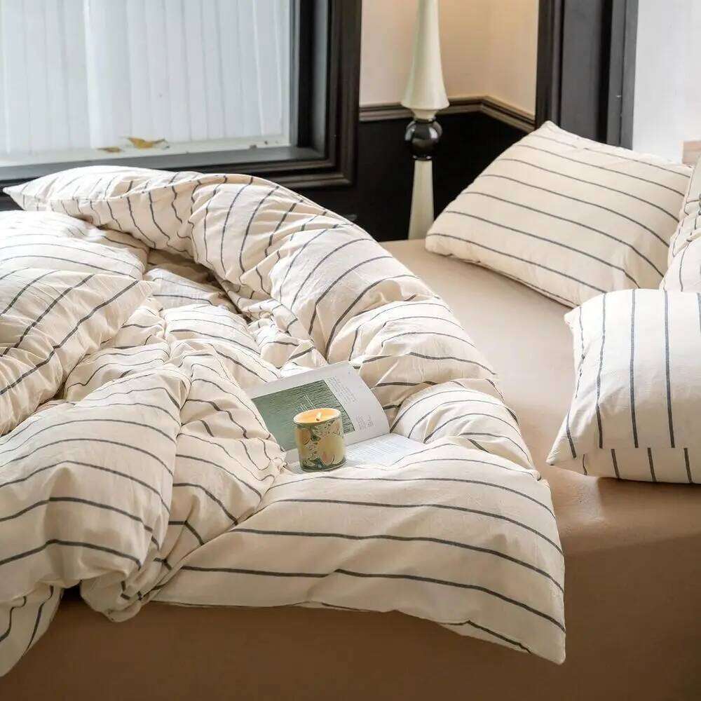 Queen Size Beige Cotton Striped Duvet Grey Stripes, 3-Piece Comforter Cover Set with Zippered Closure H260312