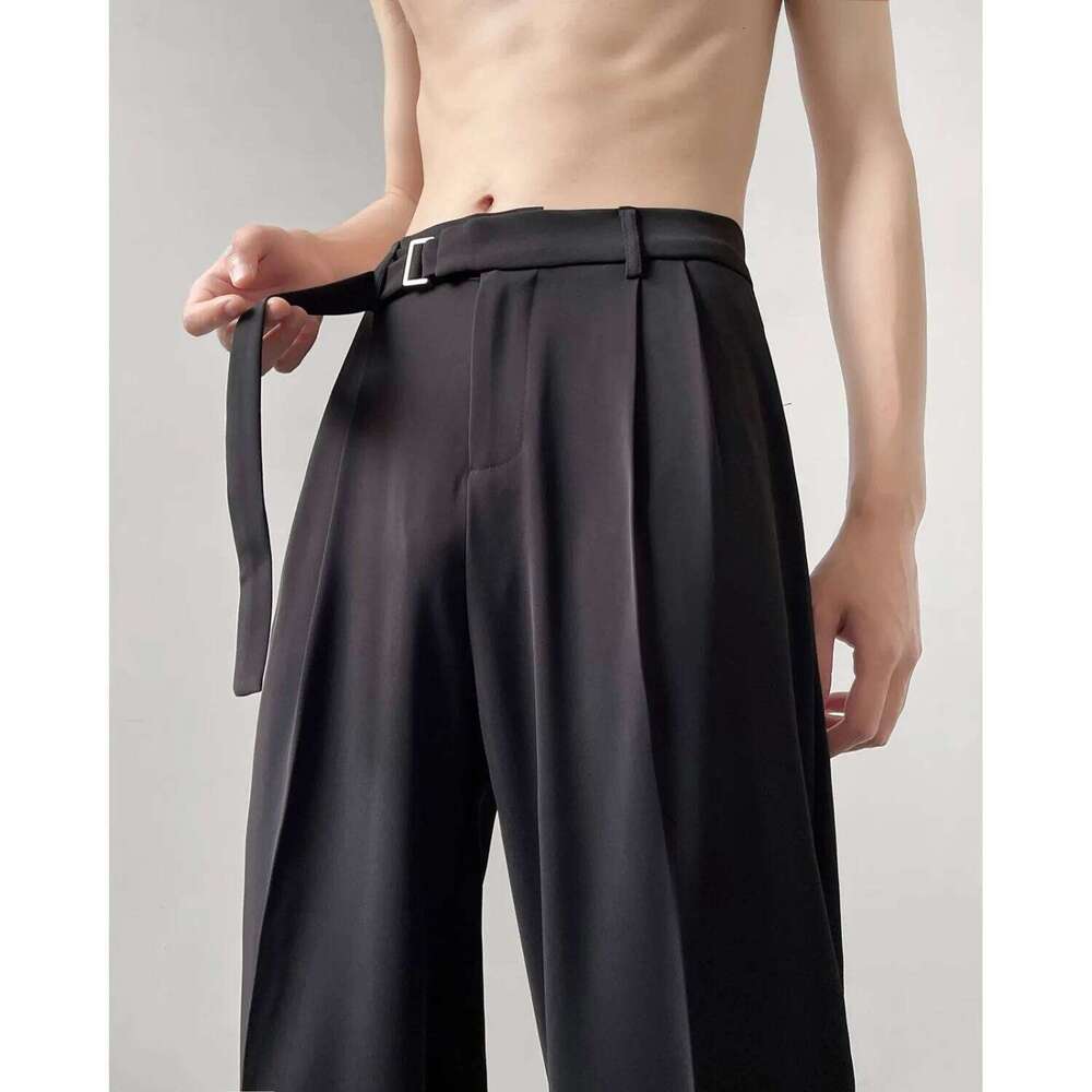 Retro High-end Belt Design Straight-down Trousers Men's Trendy Brand Loose Wide-leg Casual Pants Original Luxury Brands Jeans