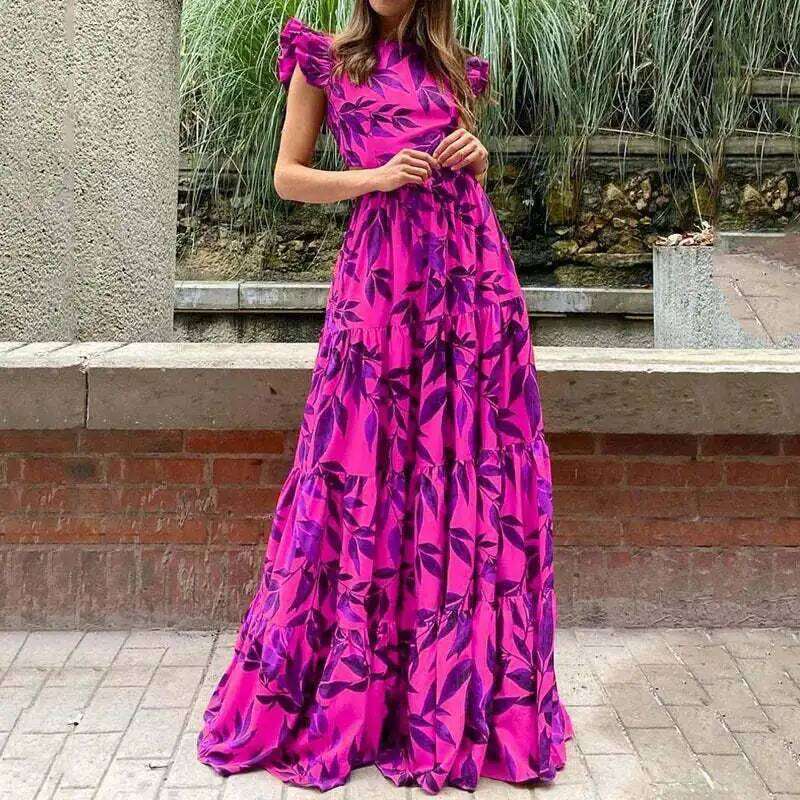 Vacation Women Floral Print Vestidos Summer Women's Fashionable Printed Round Neck Long Ruffle Edge Sexy Hollow Lace Up Dresses C260312