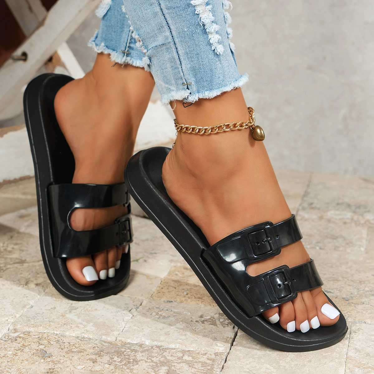 Women Summer Double Strap round Head Flat Sandals Slippers for Home Indoor Wear Comfortable Slip-On Slippers K260312