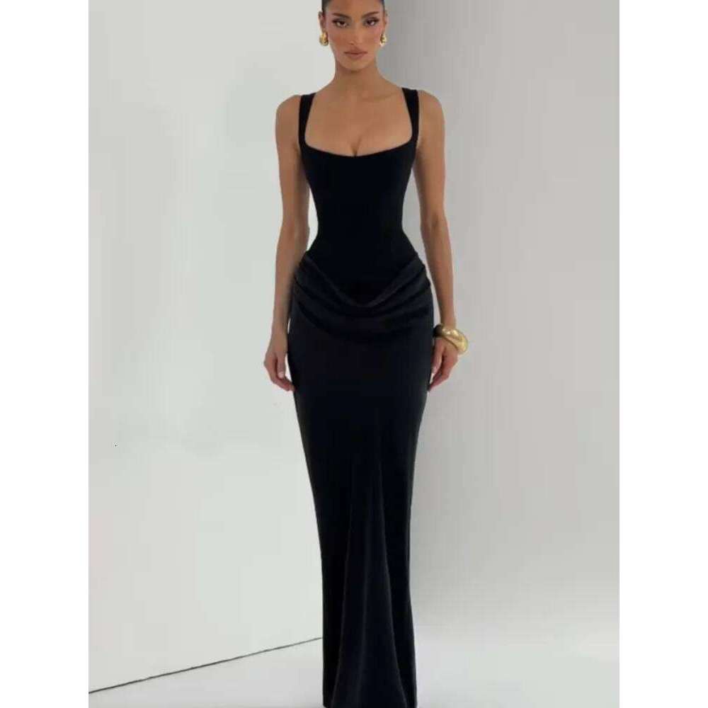 Solid Pleated Sling Dress Women Square Neck Sleeveless Off-shoulder Waist Cinching Slim Dresses Lady Evening Party Gowns 2025 C260312