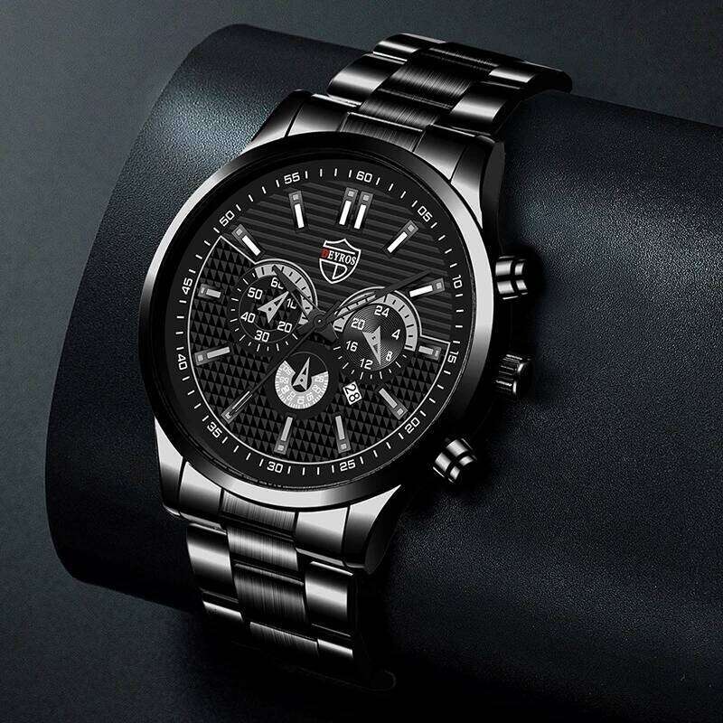 2pcs Fashion Men's Casual Business Sports Stainless Steel Quartz Wristwatch Calendar Male Classic Bracelet Set