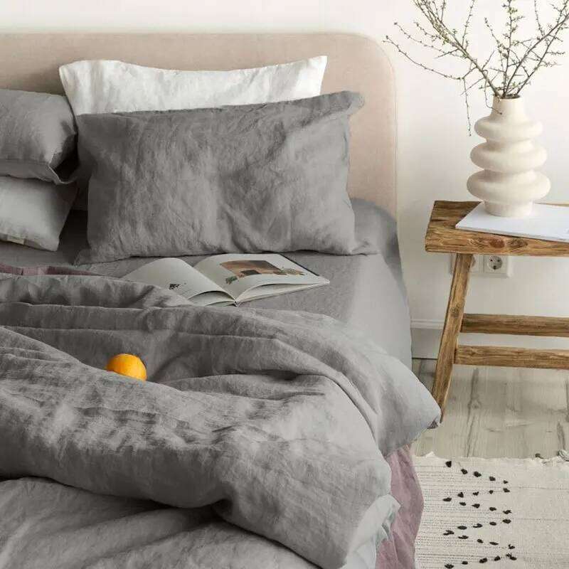 Bed 4 Piece 100% Pure Linen Flat 1 Deep Pocket Fitted Sheet 2 Pillowcases Flax Sheets Bedding Set H260312