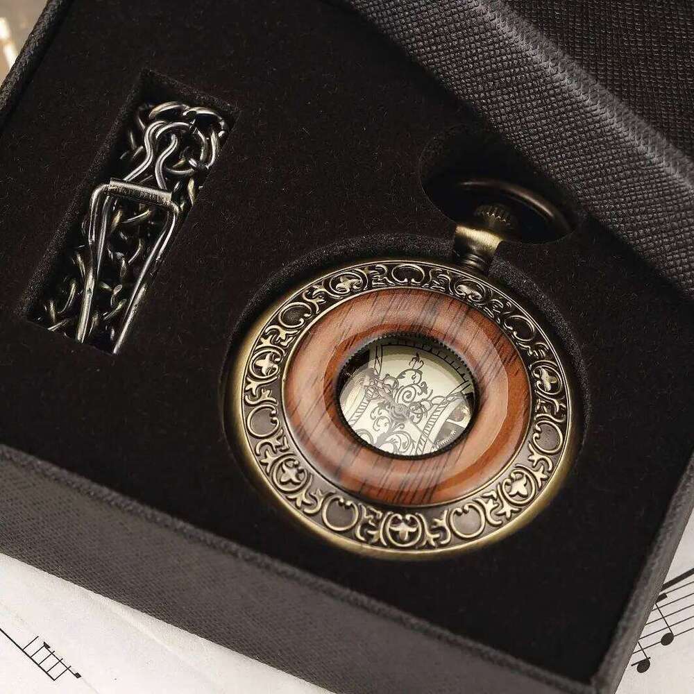 Vintage luxury wooden ring skeleton flip Roman numeral manual winding mechanical pocket watch reloj de bolsillo
