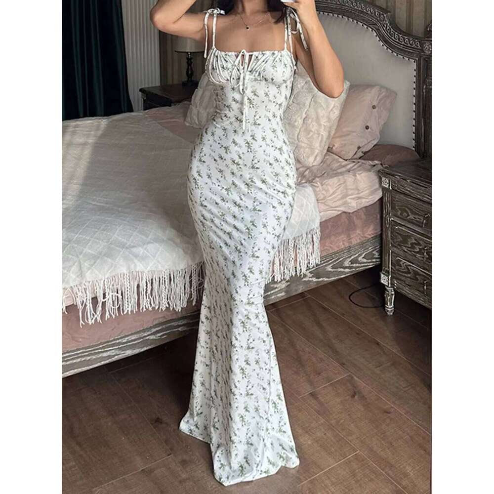 2025 Summer Floral Midi Women Spaghetti Strap Tie-up V-neck Split Dress Sexy Vintage Elegant Dresses Female C260312
