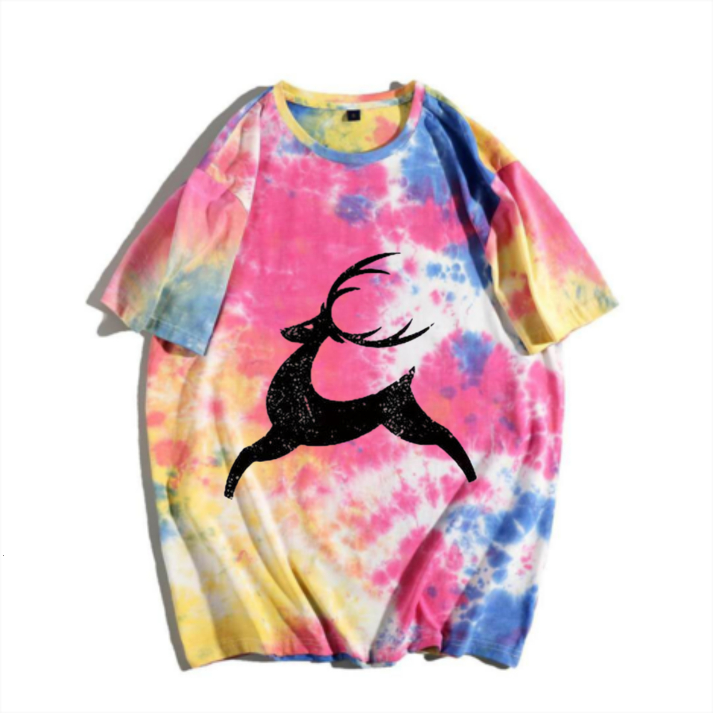 Tie dye gradient deer print short sleeved T-shirt, American retro distressed loose half sleeved men's and women's couple's top
