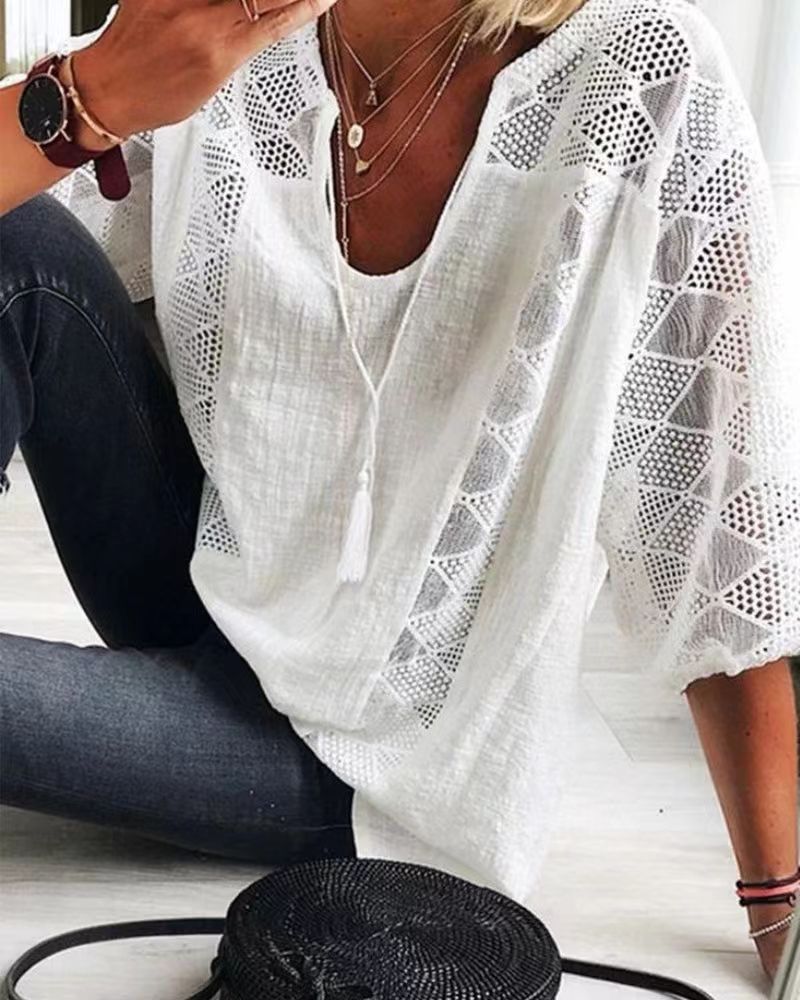 Women's Hollow Out V-Neck Short Sleeve Cotton White Shirt Loose Stitching Lace Blouse Casual Tops Summer Fashion