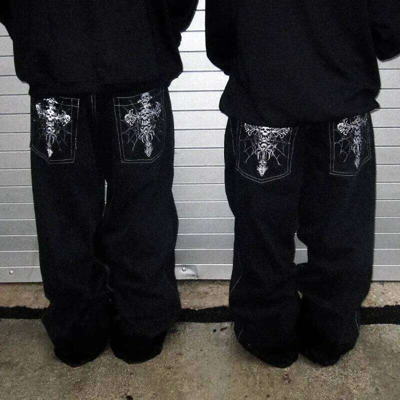 American Gothic Rock Skeleton Bone Letter Pattern Oversized Jeans Men's Y2K Street Hip Hop Harajuku Loose Wide Leg Work Pants 26Y0312