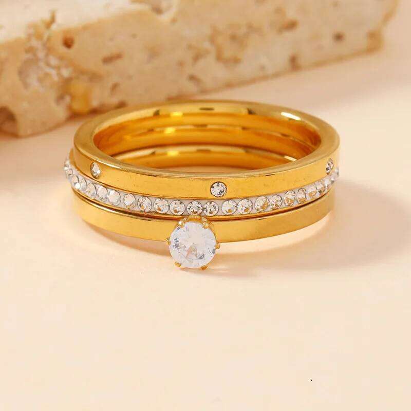 New Trendy Stainless Steel Ring For Women Three-Piece Set Zircon Classic Fashion Finger Accessory Jewelry Female Gifts H260312