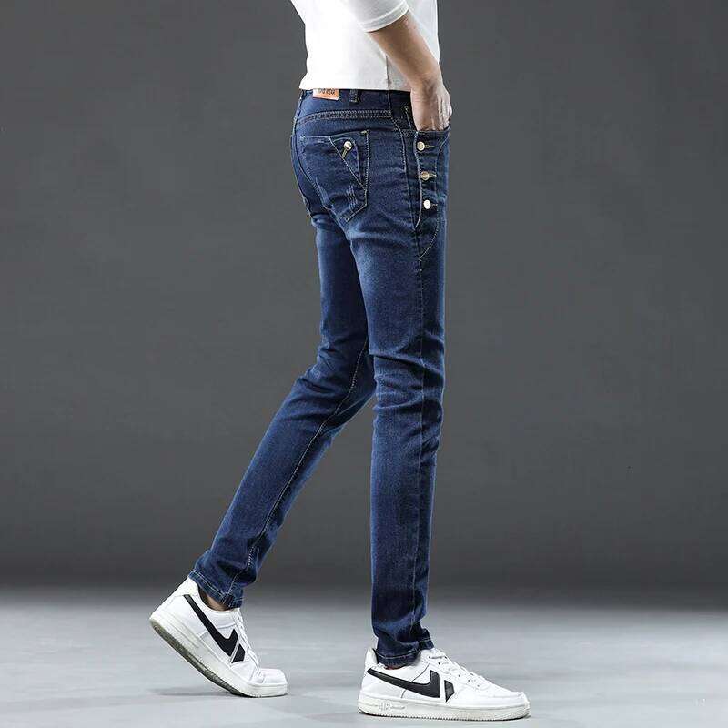 Classic Slim Vintage Men's Designer Jeans Snowflake Grey Wash Korean Fashion Stretch Pants Multi-button Denim Trousers 26Y0312