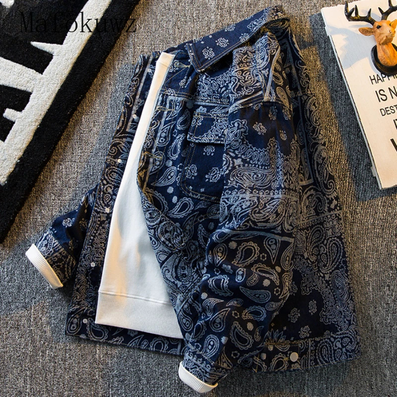 Autumn Retro Ethnic Style Jacquard Denim Jackets Mens Handsome Loose Casual High Street Workwear Jacket Tops Male Clothes 260304