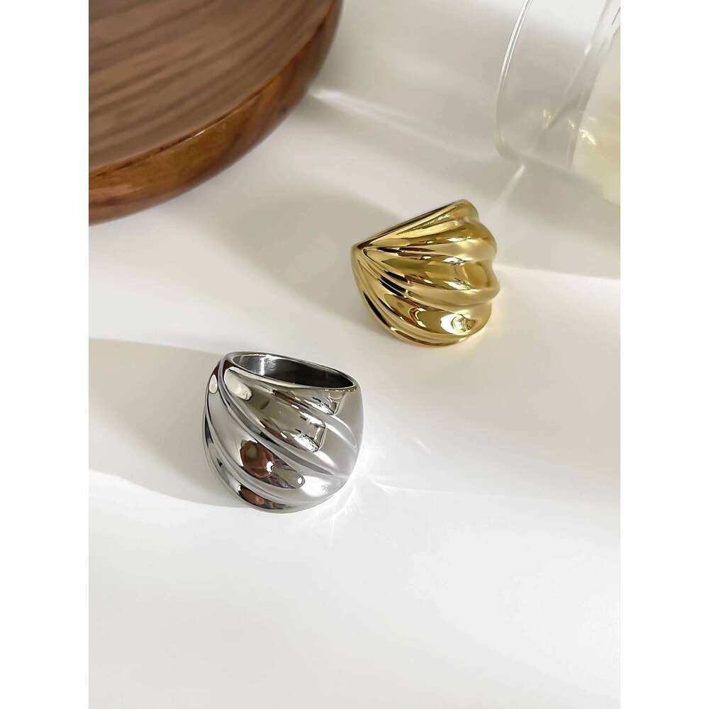 GHIDBK Hip-Hop Punk Stainless Steel Thread Wave Chunky Dome Wide Rings for Women Men Anti-Tarnish Statement Jewelry 2024 New H260312