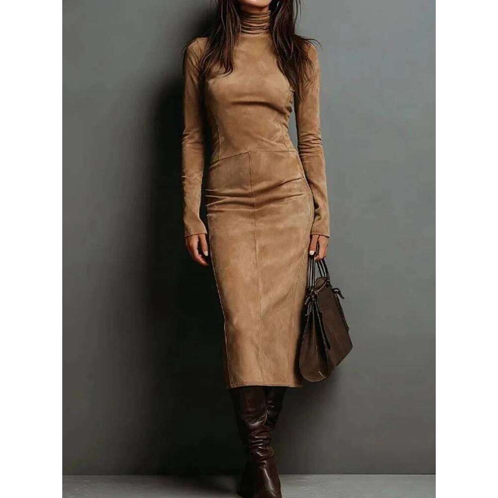 Women Holiday Long Sleeve Sheath Autumn Winter Solid Patchwork Chic Party Dress, Simple Elegant Turtleneck Ladies Dress C260312