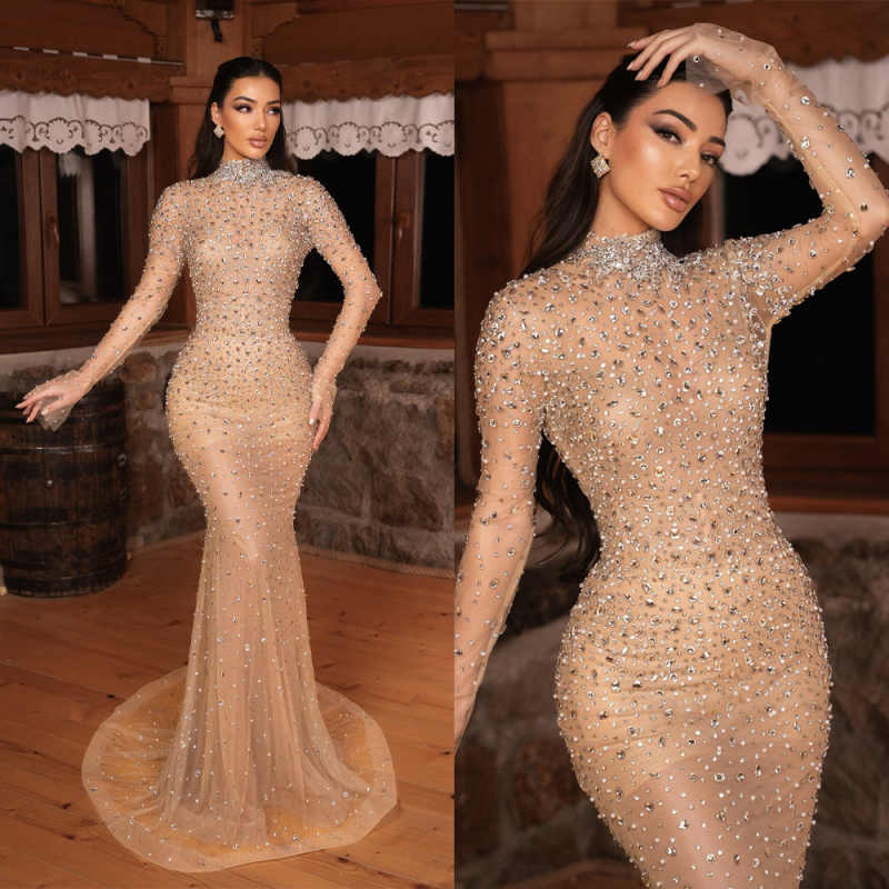 Unique Evening Dresses Mermaid High Neck Rhinestones Long Sleeve Party Dress Dresses Celebrity Prom Gown Customized Vestido De Novia