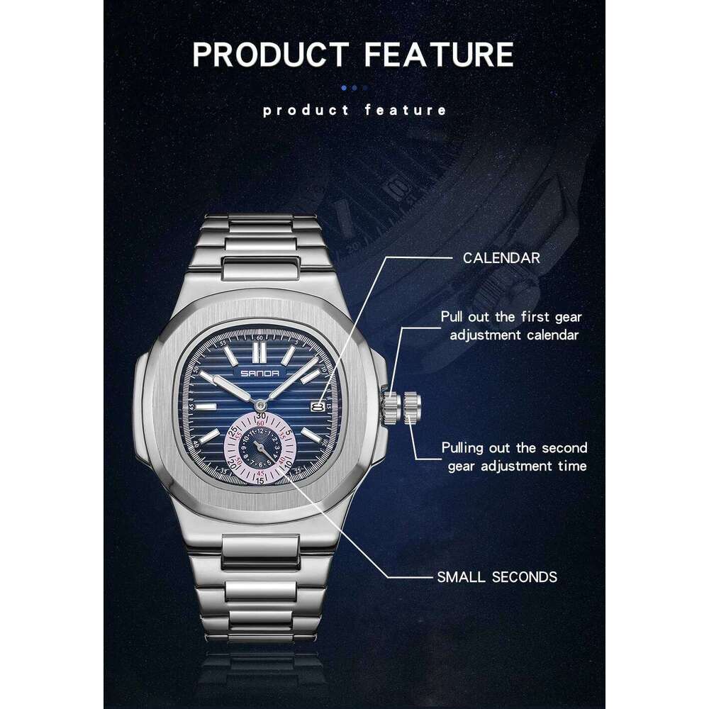 SANDA 7020 Elegant Men's Calendar Watch Unique Design Dial Stainless Steel Strap Japanese Quartz Movement Waterproof