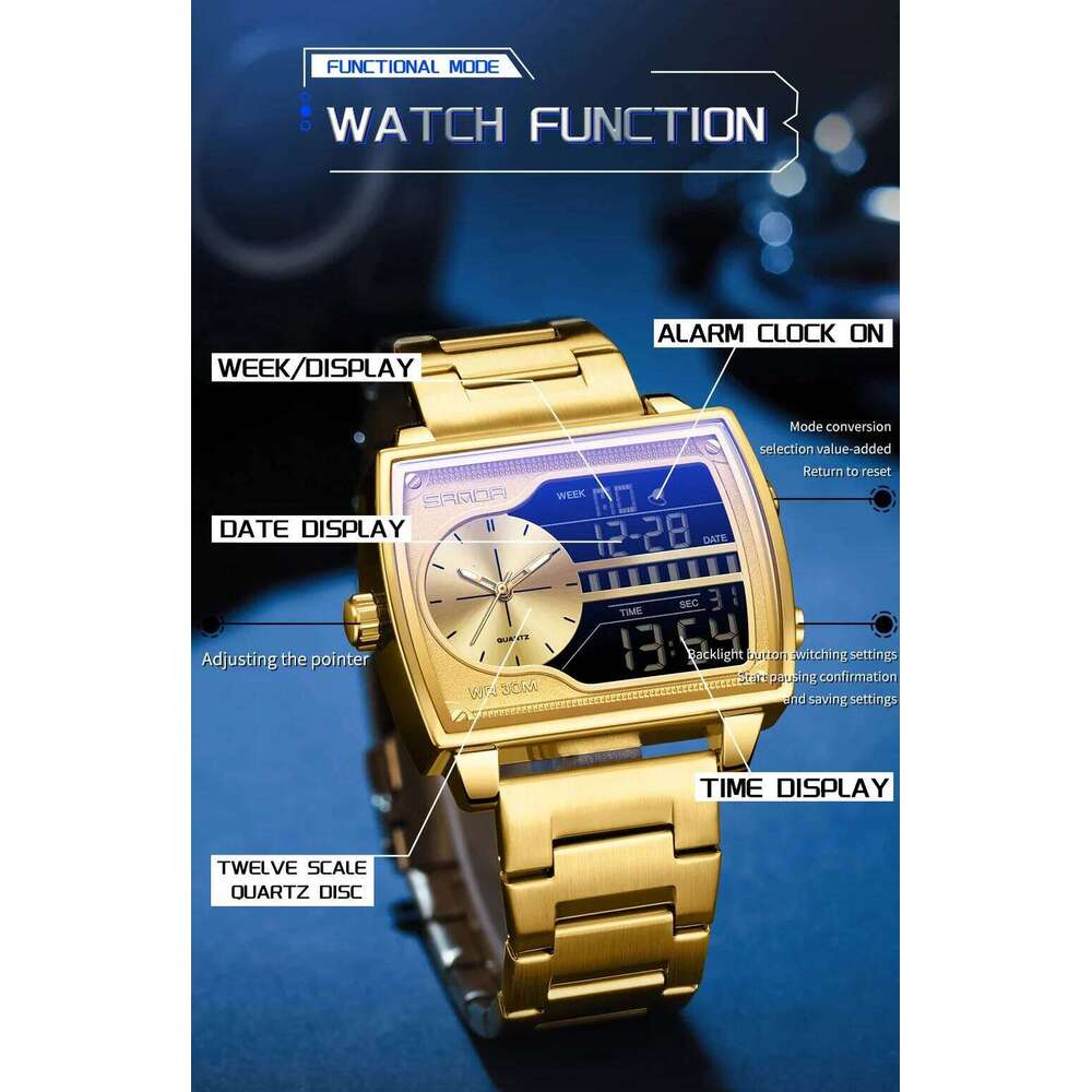 SANDA Top Brand Quartz Fashion Square Watch Men's Countdown Sports Waterproof Dual Display LED Digital Watches