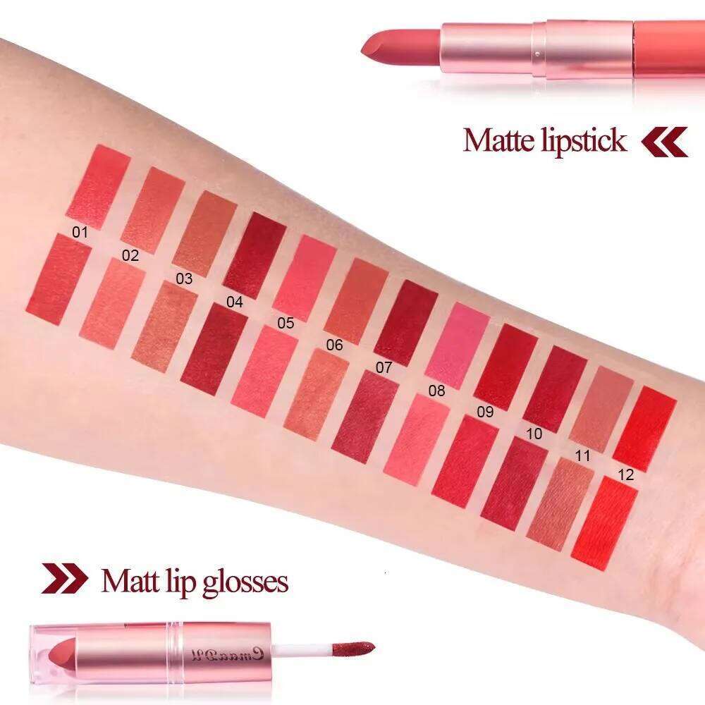 3 Pcs Long-Lasting Lipstick Lip Gloss Set-Double Headed Design for Natural Non-Fading Waterproof Non-stick Cup Exquisite Gift W260311