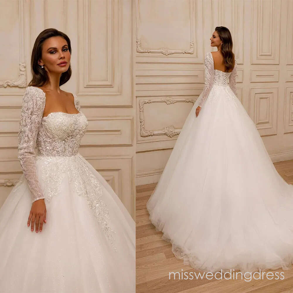 Modern Appliques Wedding Dresses HBridal Ball Gowns Long Sleeves Lace Up Backless Customized Bride Princess Sweep Train Vestidos De Novia Plus Size