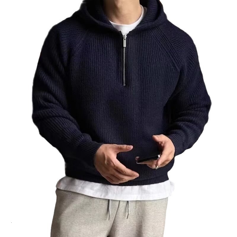 New Half-zip Hooded Sweater For Men Trendy Brand Spring And Autumn Designer Hoodie Casual Style Thick Knitted Jacket Heavy-duty Outerwear