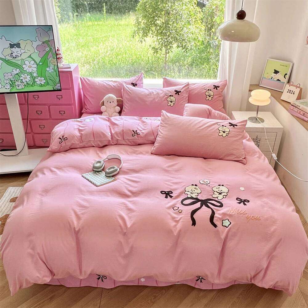 Cartoon Embroidery Bedding Double Sided Printing Duvet Pillowcase Washed Cotton Four-Pieces Set Quilt Cover Bed Sheet H260312