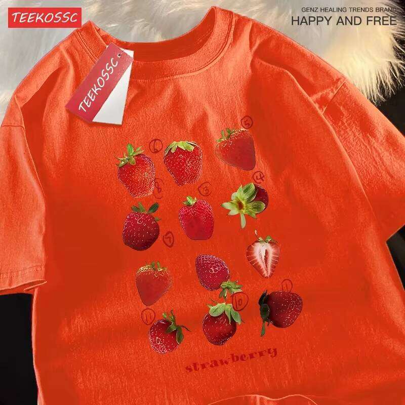 12 Types Strawberry Printing Men Women 100% T Shirts Summer Fashion Harajuku Loose Cotton Couple Round Neck T-shirt Z260312