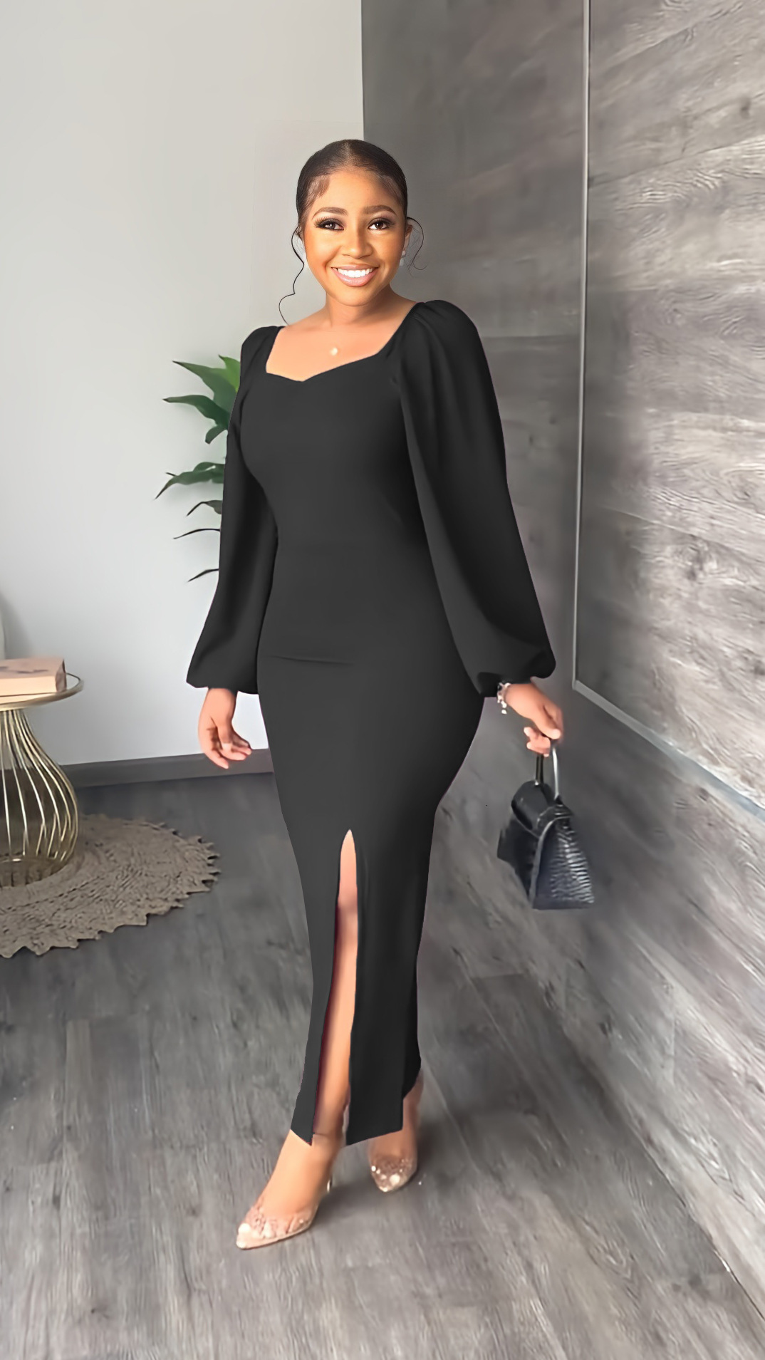Womens Hot-Selling Solid Color Long-Sleeve Sexy Backless Bodycon Slit One-Piece Dress