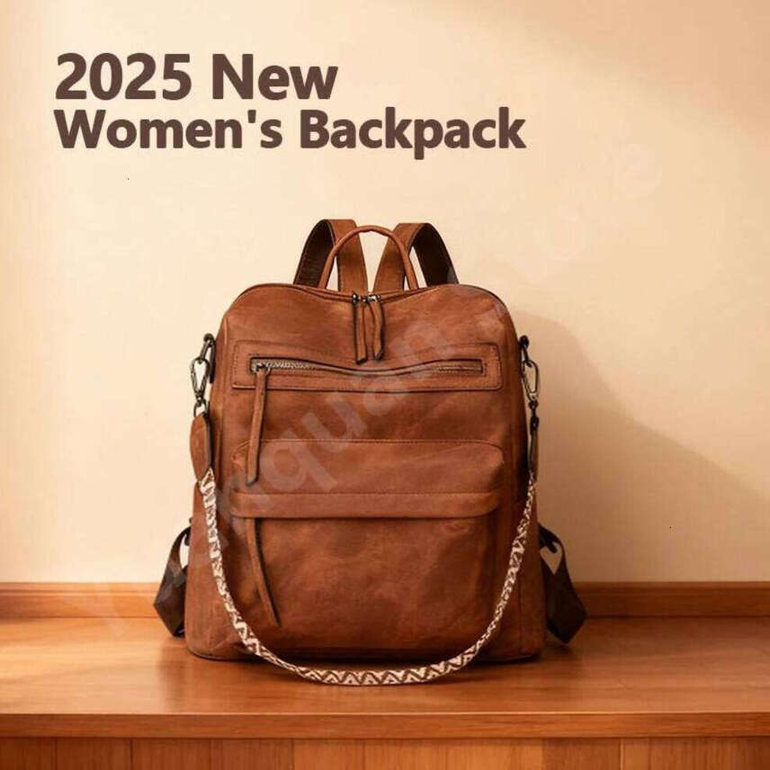 OLOEY Women's Waterproof And Anti-Theft PU Leather Large Capacity Retro Travel College Style Laptop Backpack Shoulder Bag Handbag anti-theft back