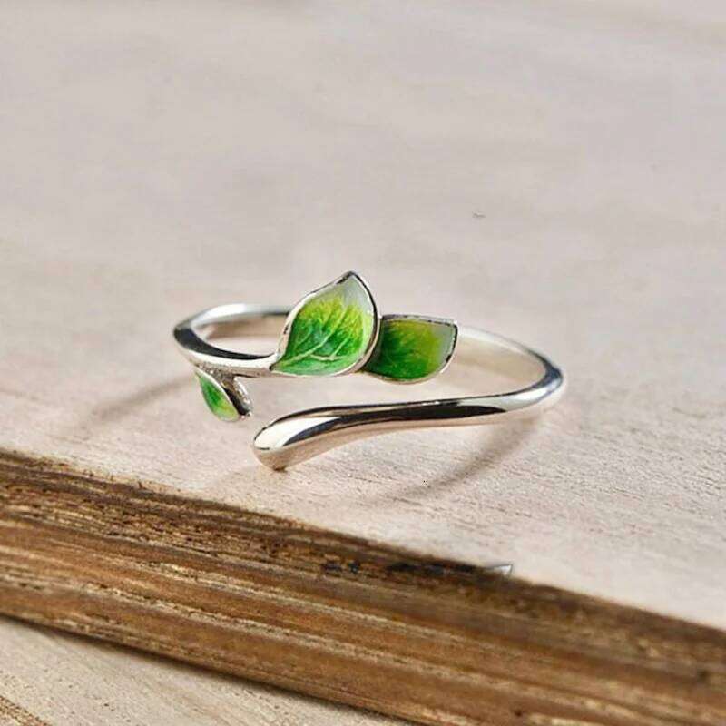 Green Enamel Leaf Adjustable Oil Drop Open Women's Ring for Ladies Personality Daily Holiday Party Jewelry Accessories H260312