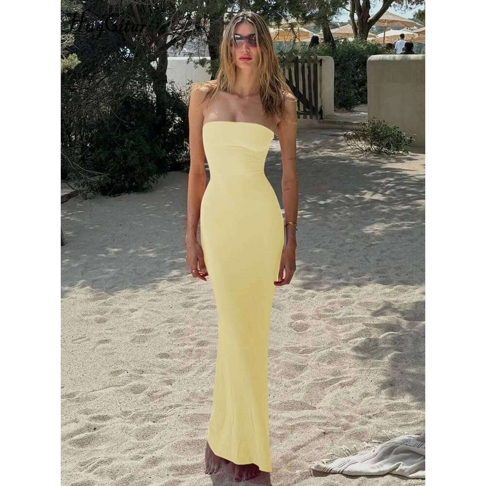 Hugcitar Elegant Solid Strapless Backless Bandage Sexy Bodycon Maxi Dress Summer Women Y2K Clothes Beach Vacation Party C260311