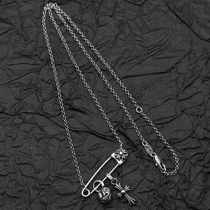 S925 Sterling Silver Retro and Old Peach Heart Cross Pin Necklace European and American Mens and Womens Personalities 260311