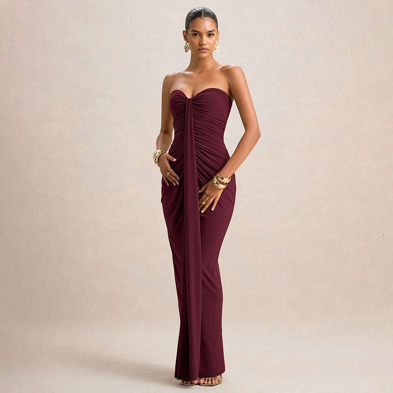 2025 Foreign Trade European and American Women's Fashion Autumn New Solid Color Slim Fit Pleated Wrap with Ribbons Sleeveless Long Dress for Wome