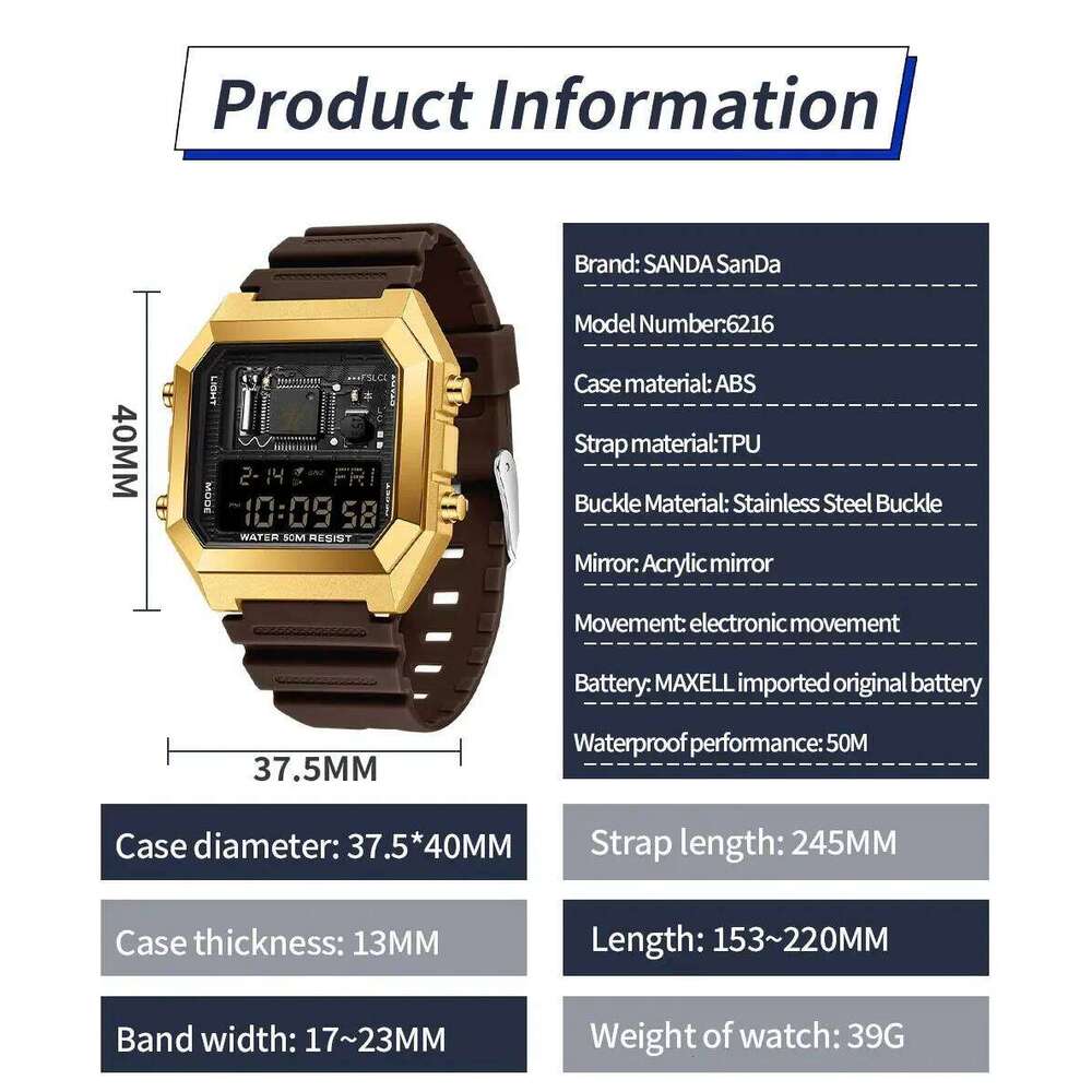 SANDAD Top Brand 6216 Alarm Clock Men's Electronic Square Multi functional Countdown Watch