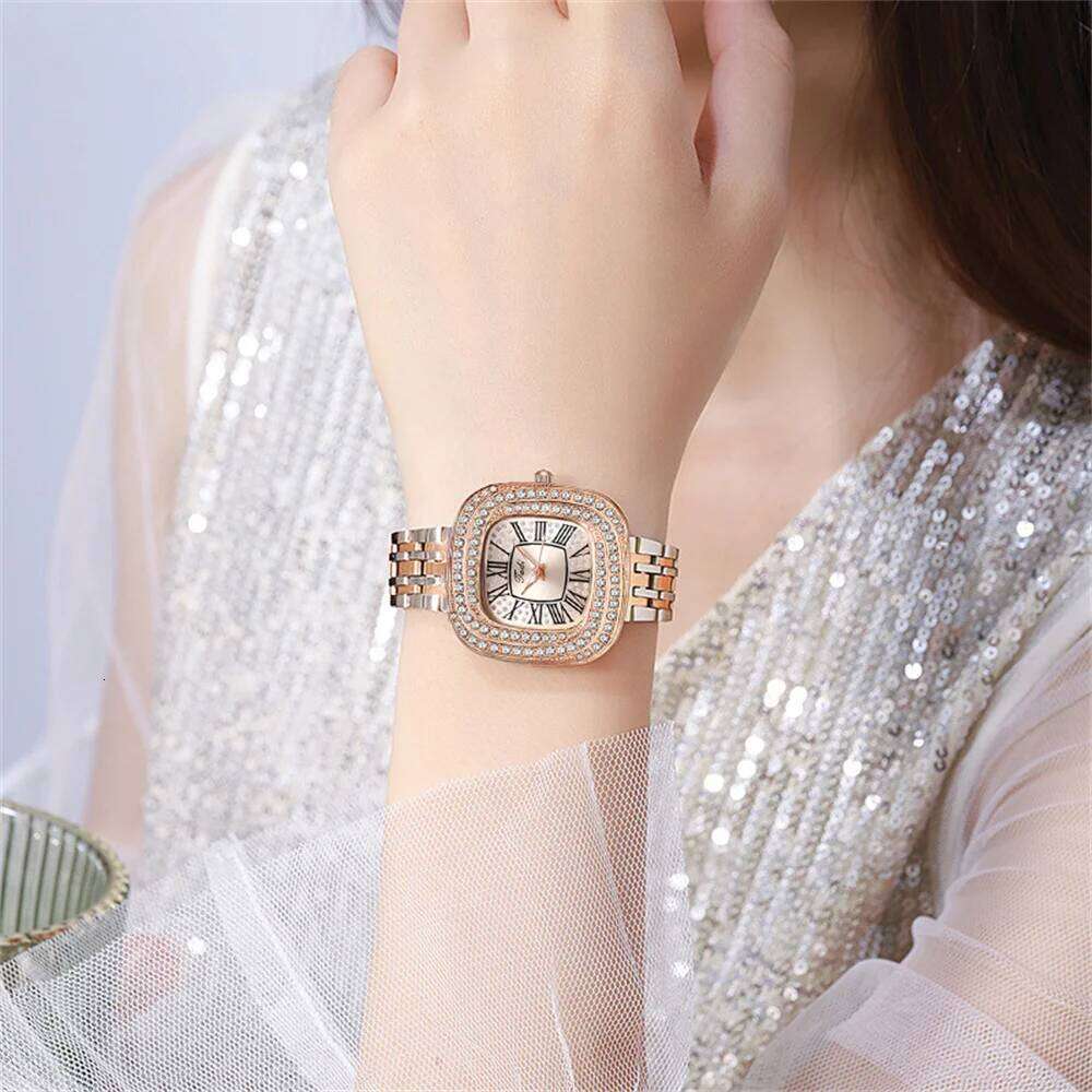 Ladies 2024 Square Roman Star Quartz Watch with Diamonds Stainless Steel Business Woman Clock Gift Wristwatch