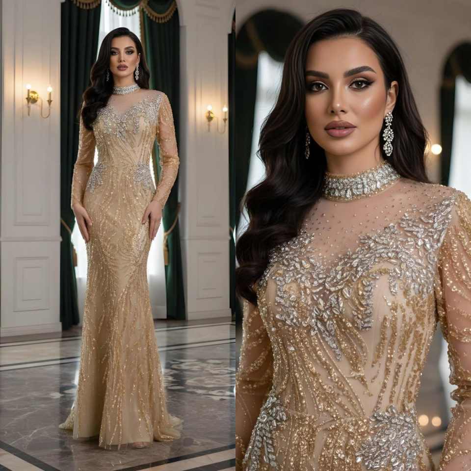 Luxury Muslim Bead Mermaid Evening Dress for Women High Neck Long Sleeves Formal Prom Party vestidos de fiesta elegantes