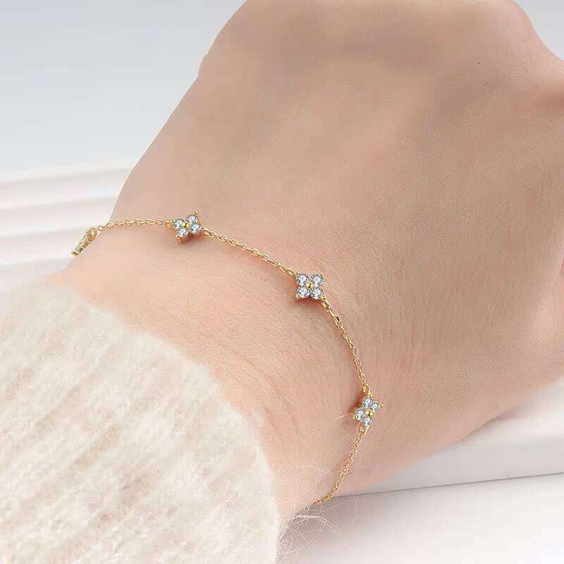 S Silver 14k Gold Plated Women's Fine moissanite Four-Leaf Clover Ring Luxury Jewelry Set Gift