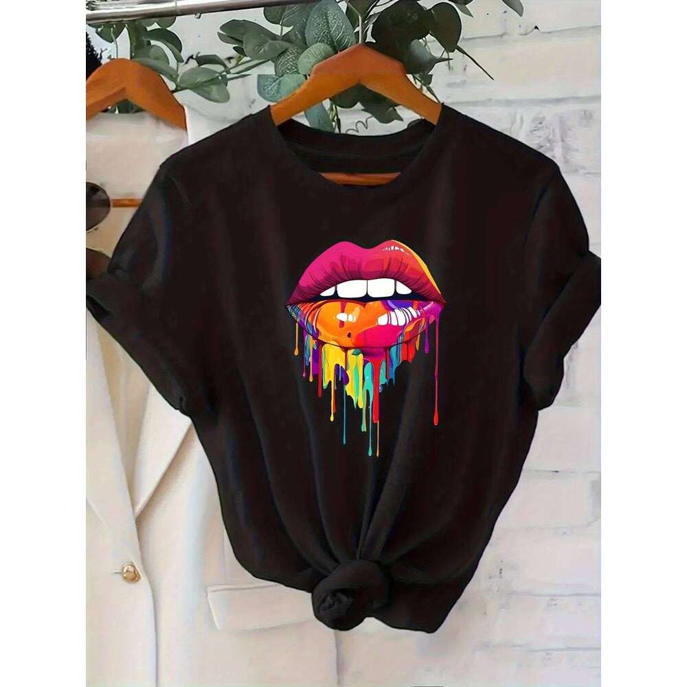 Women'S T-Shirt with Vibrant Lips and Paint Drips Harajuku Sleeve Casual T-shirt Clothing Street Tops Tees Aesthetic Clothes Z260312
