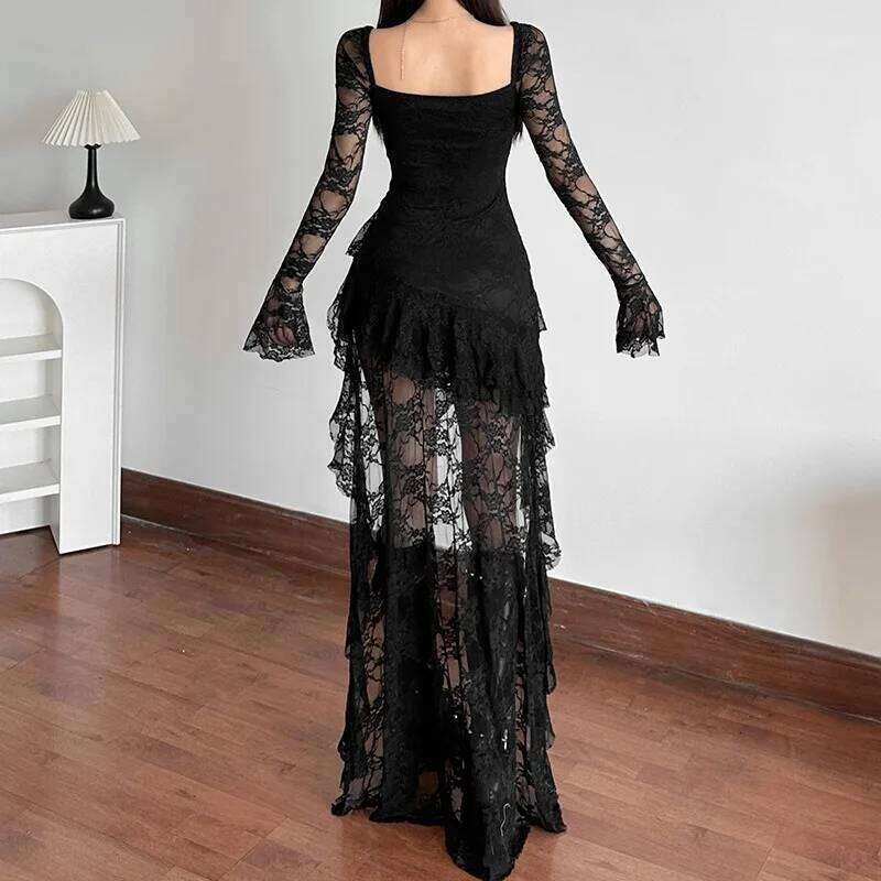 Goth Dark Fairycore Lace Flare Sleeve Square Neck A-line Dress Sweet E-girl Irregular Long Hem Dresses Cyber Y2K Party Vestido C260312