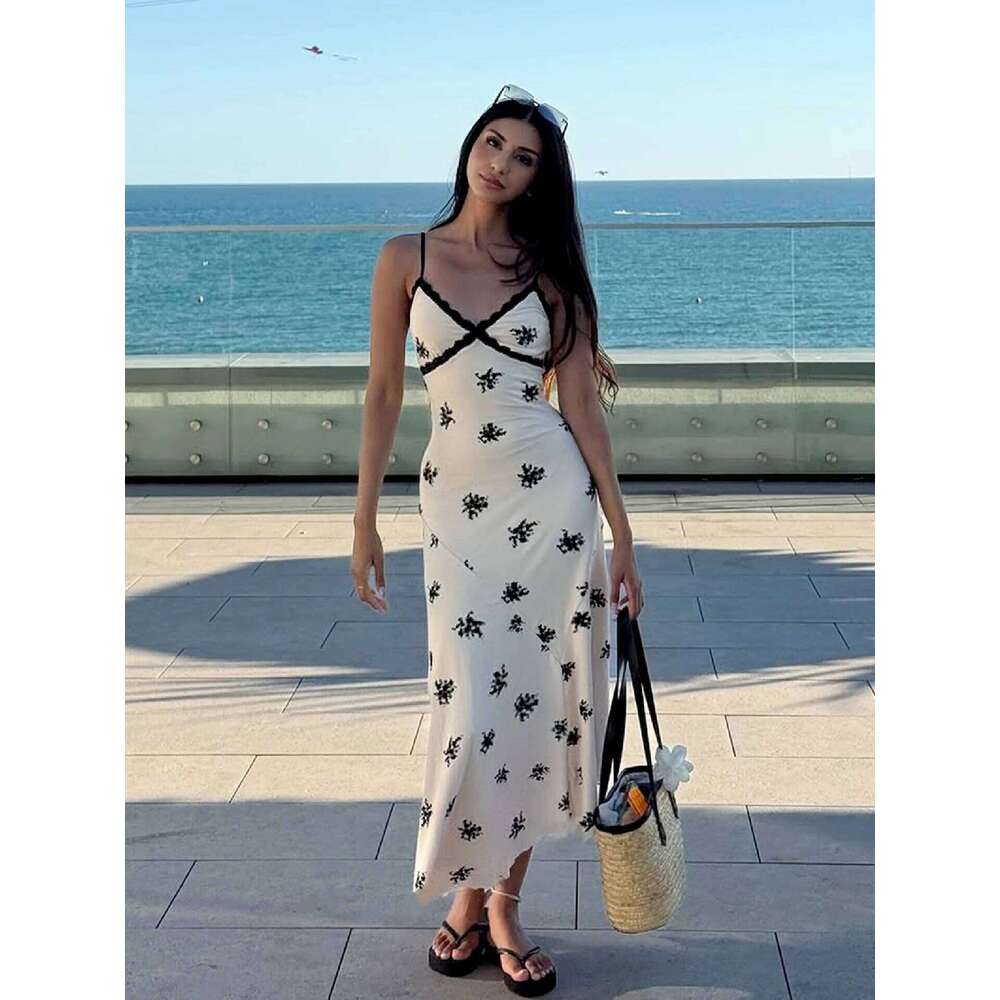 Dulzura Summer Fashion Sexy Backless Lace Patchwork Irregular Print Suspender Long Elegant Women'S Dress Party Club Outfit C260312
