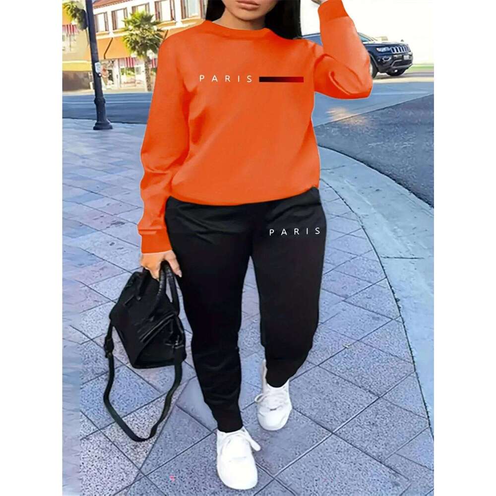 Women's autumn and winter hip-hop casual street fashion Paris letter printed round neck sports shirt+sports pants warm suit C260312