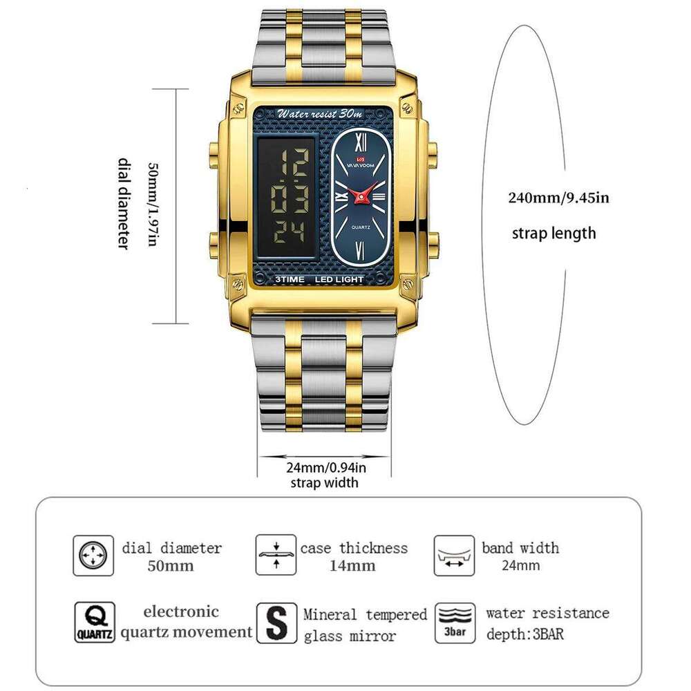 VA VOOM Men Electronic Watch Luxury Stainless Steel Gold LED Working Time Clock Alarm Function Sports Fashion Quartz Watches