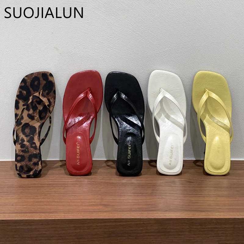 SUOJIALUN 2025 Summer New Women Slipper Fashion Narrow Band Slip On Flip Flop Shoes Square Med Heel Dress Slides Shoes K260312