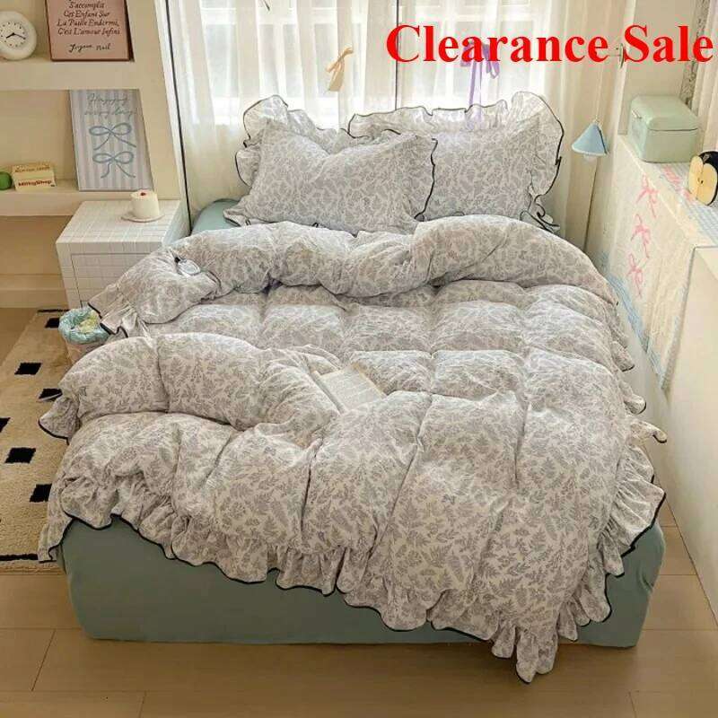 New cream lace girl powder grid Korean version bed four-piece set washed cotton double-layer yarn quilt cover dormitory H260312