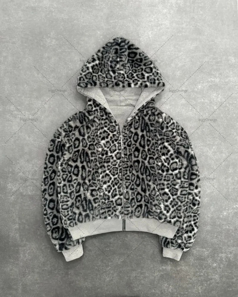 American Retro Leopard Print Two-sided Fashion Zipper Hoodie Men Street Hip-hop Harajuku Y2K Casual Oversized Sweatshirt 260311